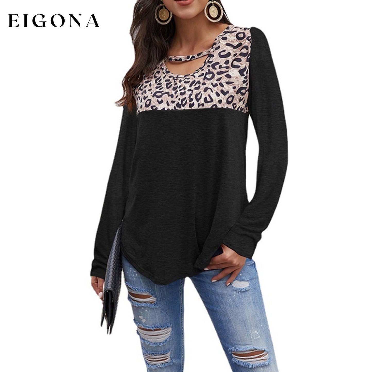 Womens Loose Tops Long Sleeve Tunic Color Block Casual Shirts Black __stock:200 clothes refund_fee:1200 tops