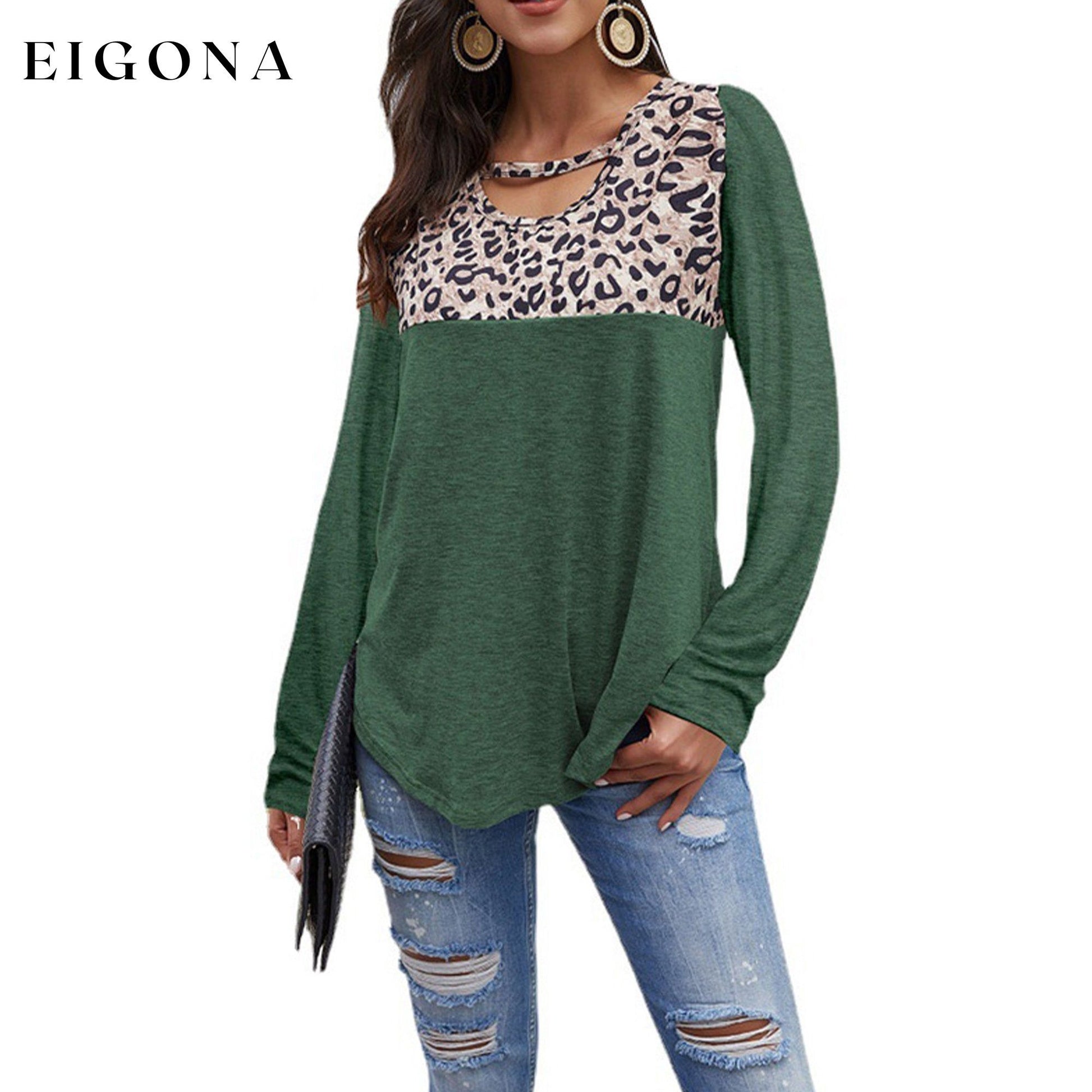 Womens Loose Tops Long Sleeve Tunic Color Block Casual Shirts Dark Green __stock:200 clothes refund_fee:1200 tops