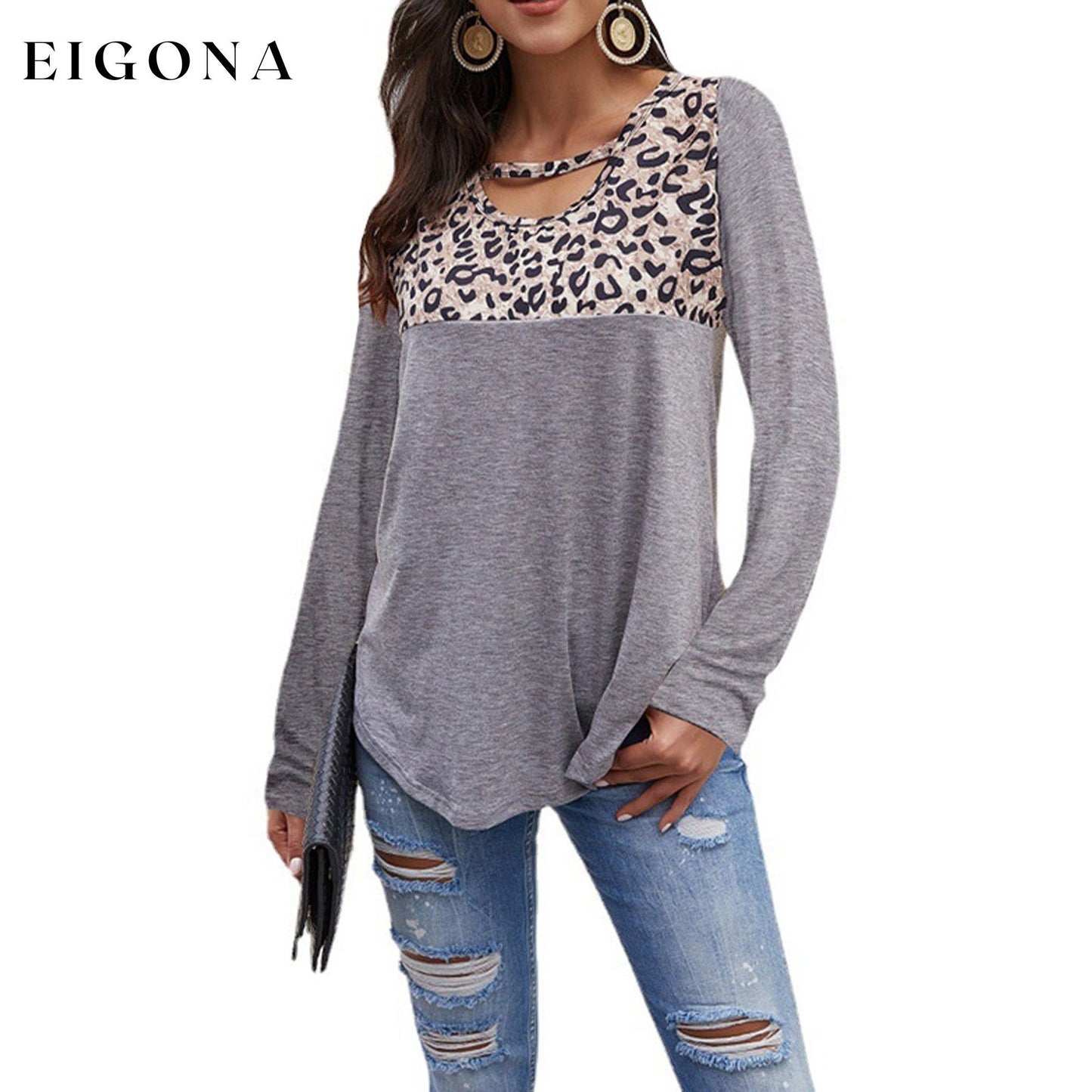 Womens Loose Tops Long Sleeve Tunic Color Block Casual Shirts Gray __stock:200 clothes refund_fee:1200 tops