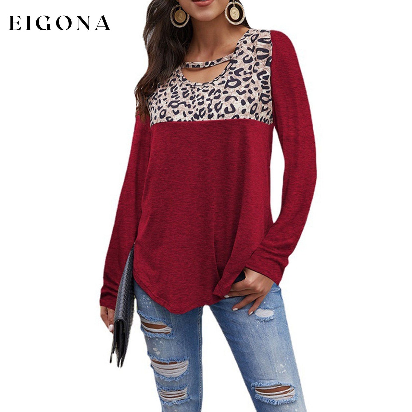 Womens Loose Tops Long Sleeve Tunic Color Block Casual Shirts Wine __stock:200 clothes refund_fee:1200 tops
