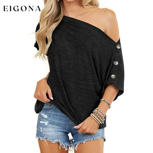 Women's Off Shoulder Button Down Short Sleeve Shirt Black __stock:200 clothes refund_fee:800 tops