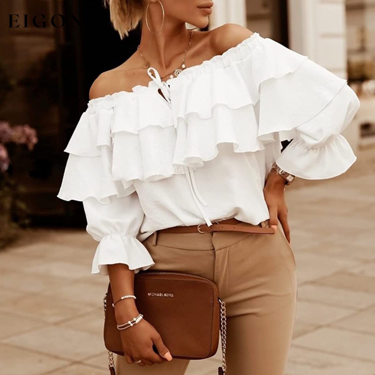 Women's Off Shoulder Ruffle Long Sleeve Shirt Casual Layered Top __stock:200 clothes refund_fee:1200 tops