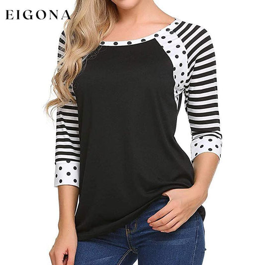 Women's Polka Dots Striped 3/4 Sleeve Top Black __stock:200 clothes Low stock refund_fee:800 tops
