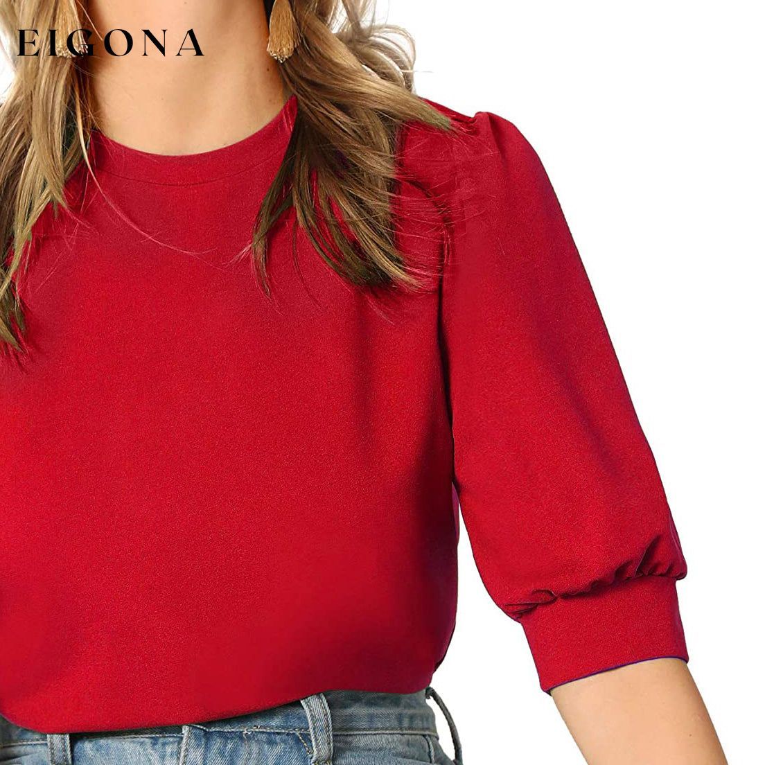 Women's Puff Sleeve Pullover Keyhole Back Blouse __stock:200 clothes refund_fee:1200 tops