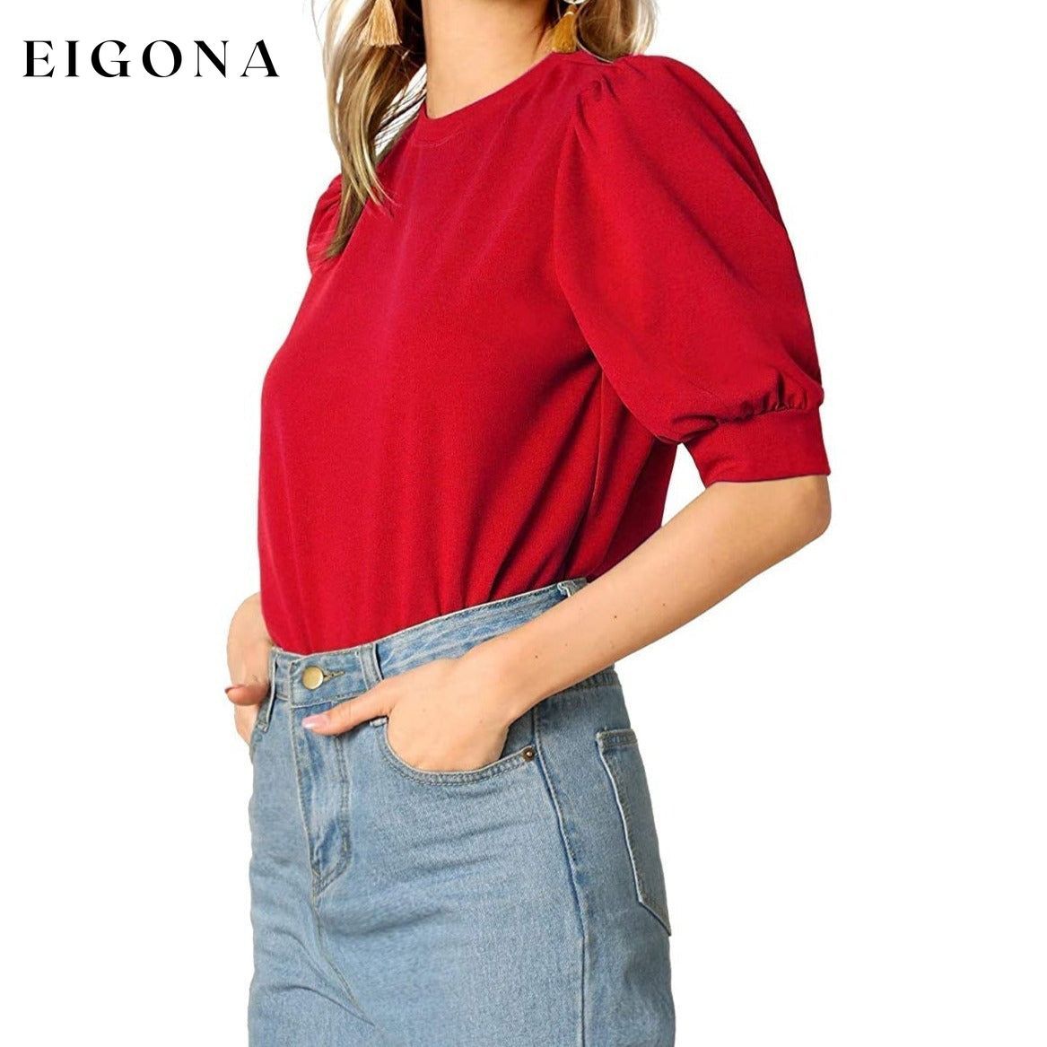 Women's Puff Sleeve Pullover Keyhole Back Blouse __stock:200 clothes refund_fee:1200 tops