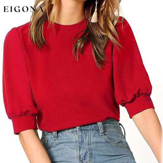 Women's Puff Sleeve Pullover Keyhole Back Blouse Red __stock:200 clothes refund_fee:1200 tops