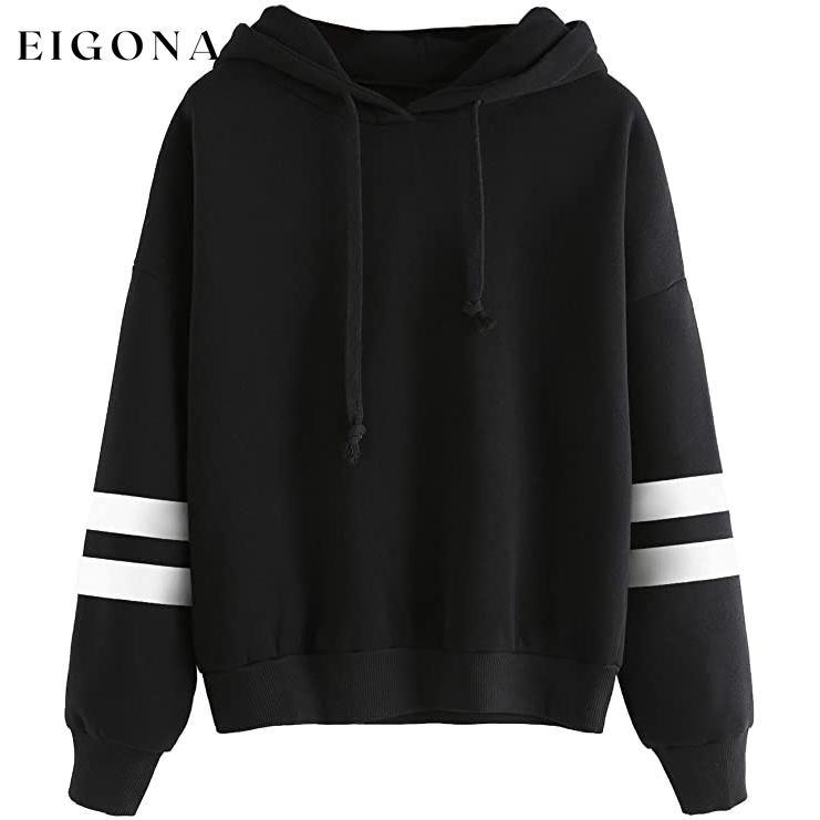 Women's Pullover Fleece Drop Shoulder Striped Hoodie Black __stock:100 clothes refund_fee:1200 tops