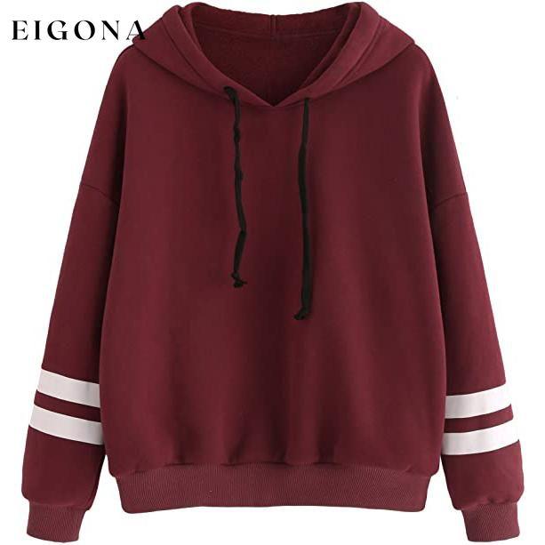 Women's Pullover Fleece Drop Shoulder Striped Hoodie Burgundy __stock:100 clothes refund_fee:1200 tops