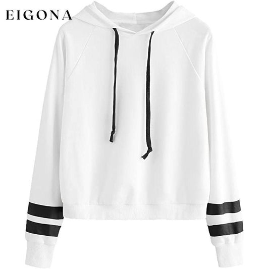 Women's Pullover Fleece Drop Shoulder Striped Hoodie White __stock:100 clothes refund_fee:1200 tops