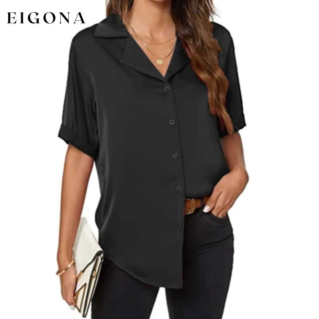 Women's Short Sleeve Casual Satin Button Down Shirt Black __stock:200 clothes Low stock refund_fee:800 tops