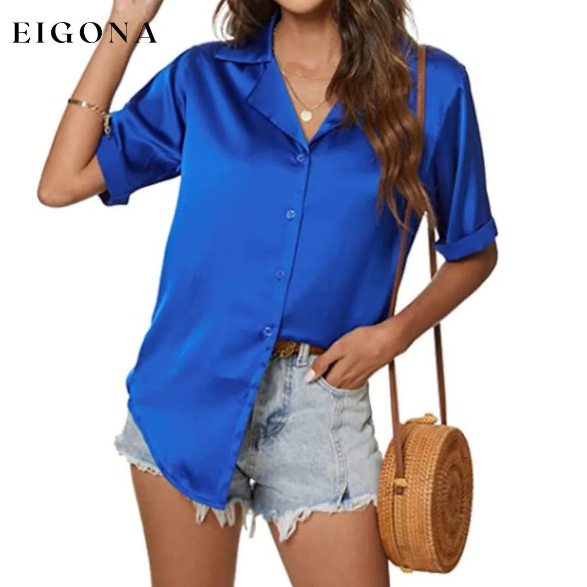 Women's Short Sleeve Casual Satin Button Down Shirt Blue __stock:200 clothes Low stock refund_fee:800 tops