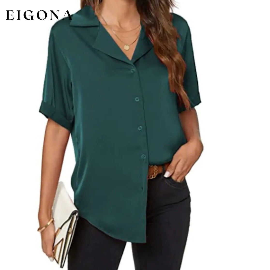 Women's Short Sleeve Casual Satin Button Down Shirt Dark Green __stock:200 clothes Low stock refund_fee:800 tops