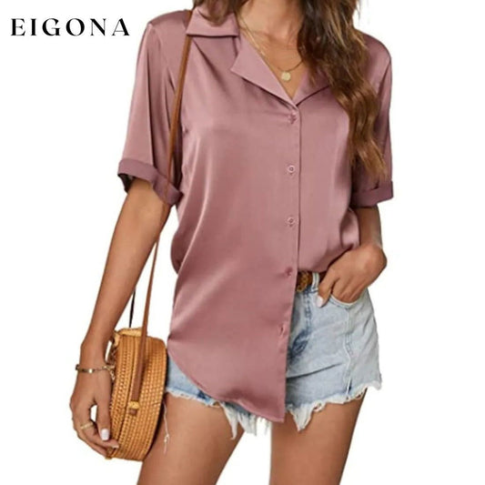Women's Short Sleeve Casual Satin Button Down Shirt Light Pink __stock:200 clothes Low stock refund_fee:800 tops