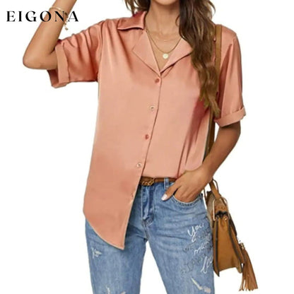 Women's Short Sleeve Casual Satin Button Down Shirt Pink __stock:200 clothes Low stock refund_fee:800 tops