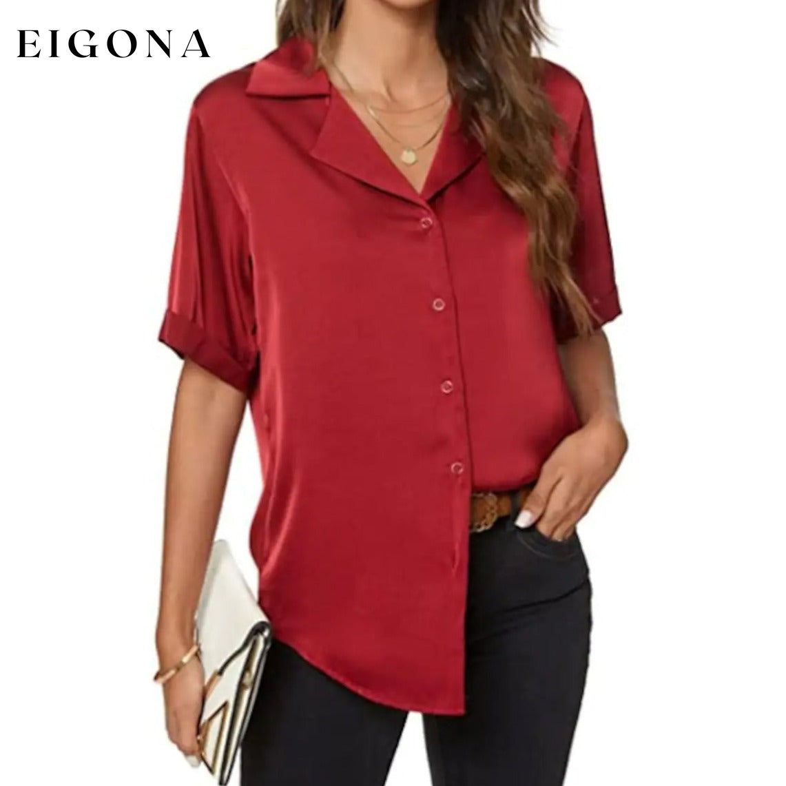 Women's Short Sleeve Casual Satin Button Down Shirt Wine Red __stock:200 clothes Low stock refund_fee:800 tops