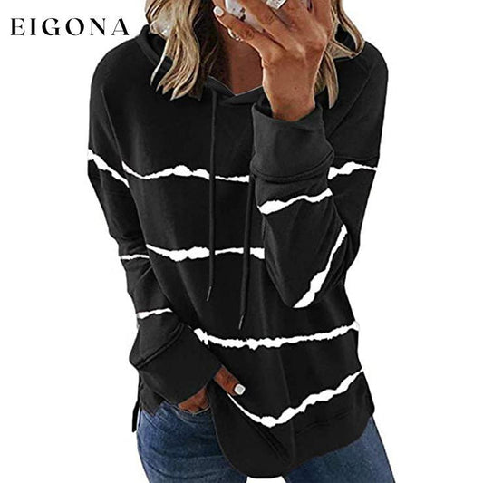 Women's Striped Printed Long Sleeve Drawstring Pullover Hoodie Black __stock:50 clothes refund_fee:800 tops
