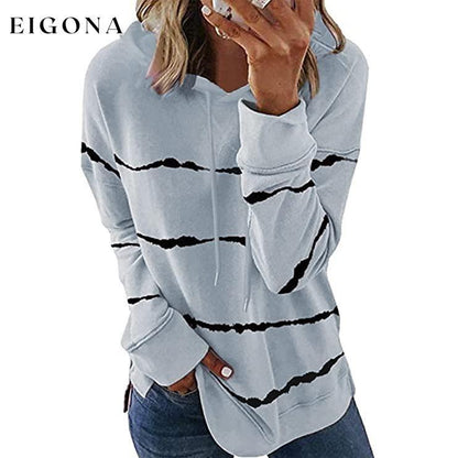Women's Striped Printed Long Sleeve Drawstring Pullover Hoodie Gray __stock:50 clothes refund_fee:800 tops