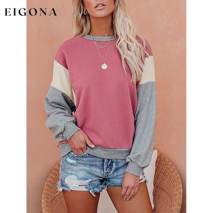 Women's Sweatshirt Pullover Color Block Patchwork Fuchsia __stock:50 clothes refund_fee:1200 show-color-swatches tops