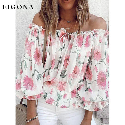 Women's T-Shirt Floral Print Off Shoulder Top Puff Sleeves White __stock:200 clothes refund_fee:1200 tops