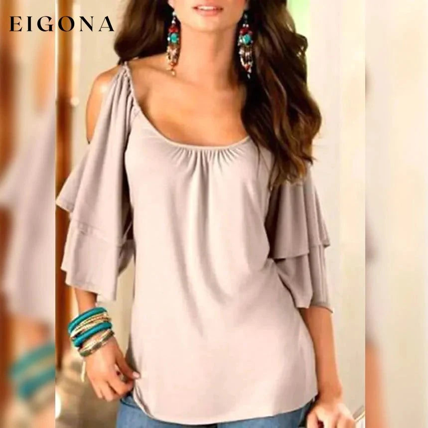 Women's T-Shirt Plain Ruffle Cold Shoulder Short Sleeve Beige __stock:200 clothes refund_fee:1200 tops