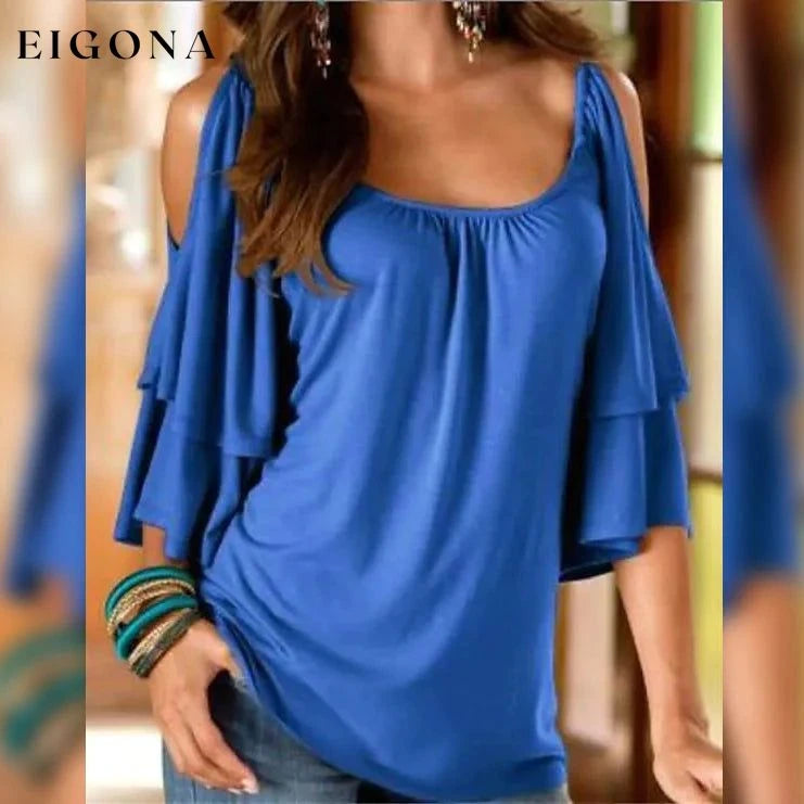 Women's T-Shirt Plain Ruffle Cold Shoulder Short Sleeve Blue __stock:200 clothes refund_fee:1200 tops