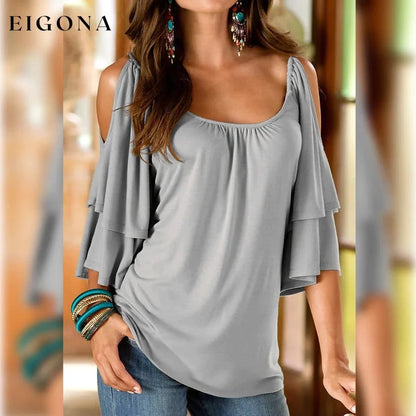 Women's T-Shirt Plain Ruffle Cold Shoulder Short Sleeve Gray __stock:200 clothes refund_fee:1200 tops
