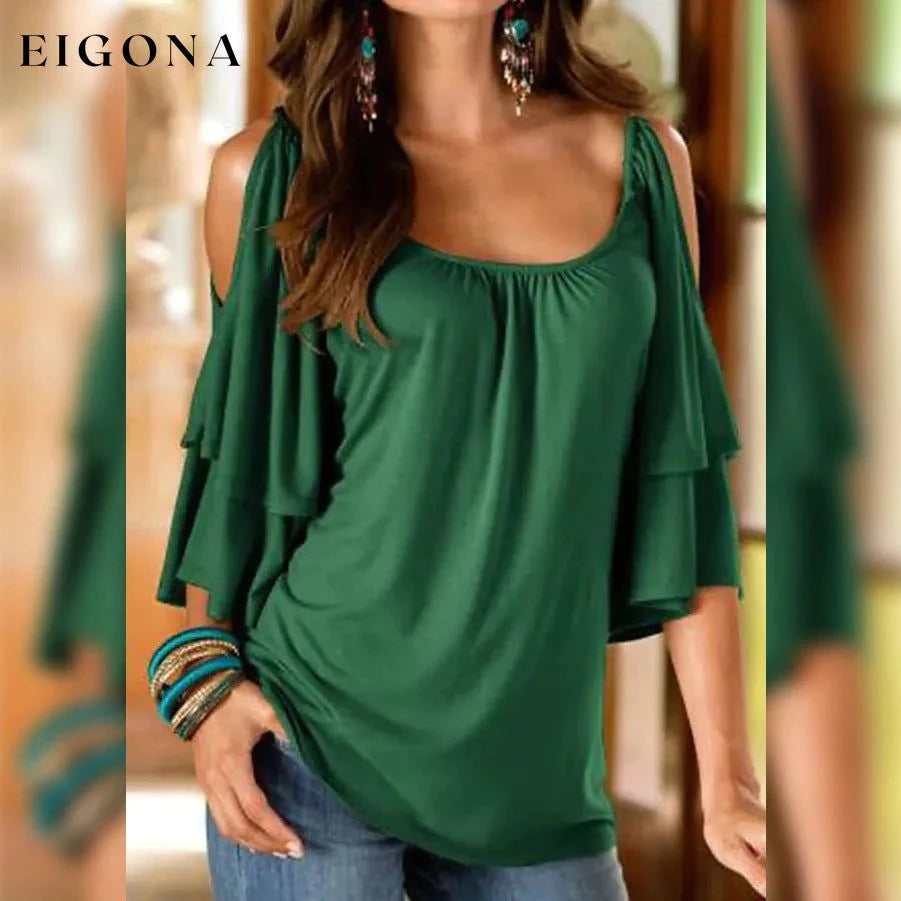 Women's T-Shirt Plain Ruffle Cold Shoulder Short Sleeve Green __stock:200 clothes refund_fee:1200 tops