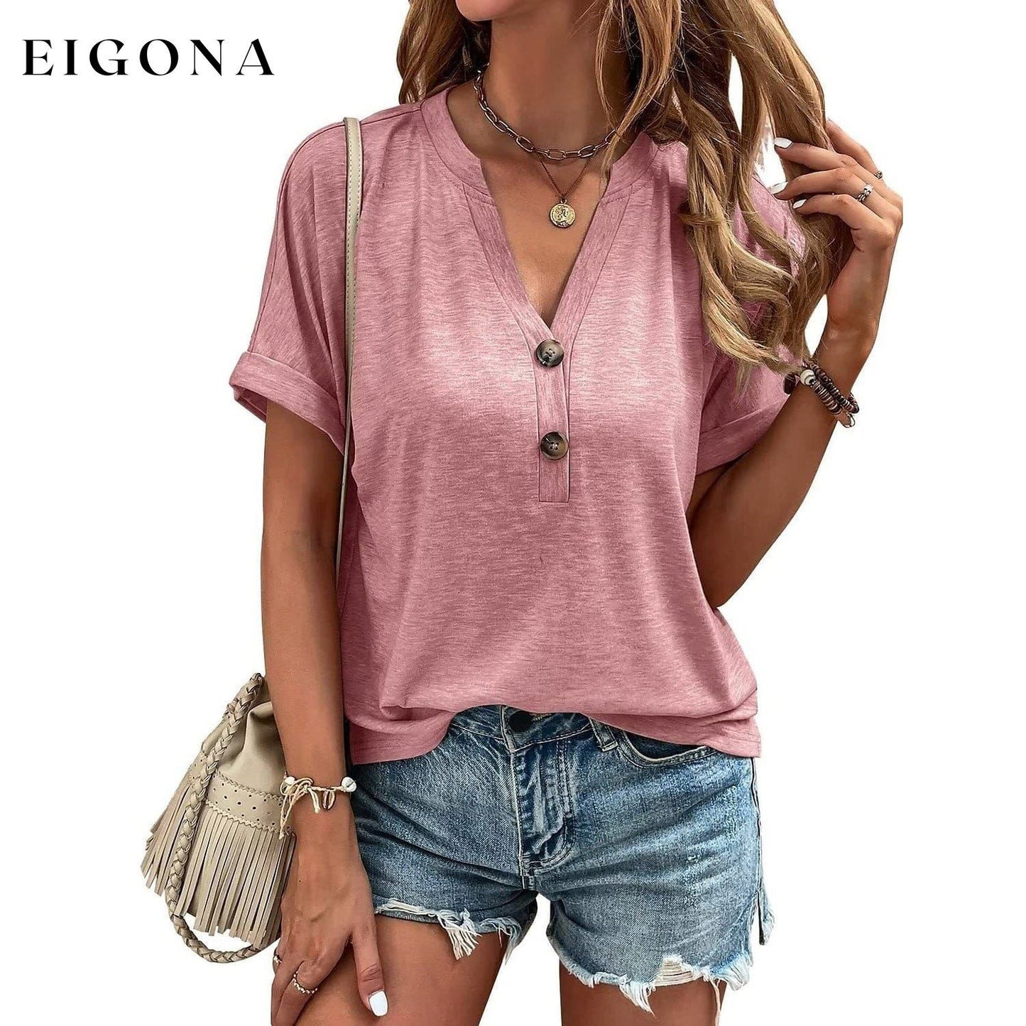 Women's T shirt V Neck Pink __stock:200 clothes refund_fee:1200 tops