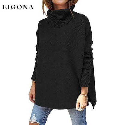 Women's Turtleneck Oversized Sweaters Long Batwing Sleeve Spilt Hem Tunic Black __stock:200 clothes refund_fee:1800 tops