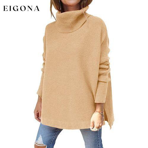 Women's Turtleneck Oversized Sweaters Long Batwing Sleeve Spilt Hem Tunic Khaki __stock:200 clothes refund_fee:1800 tops