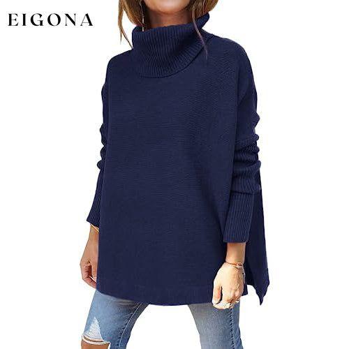 Women's Turtleneck Oversized Sweaters Long Batwing Sleeve Spilt Hem Tunic Navy __stock:200 clothes refund_fee:1800 tops