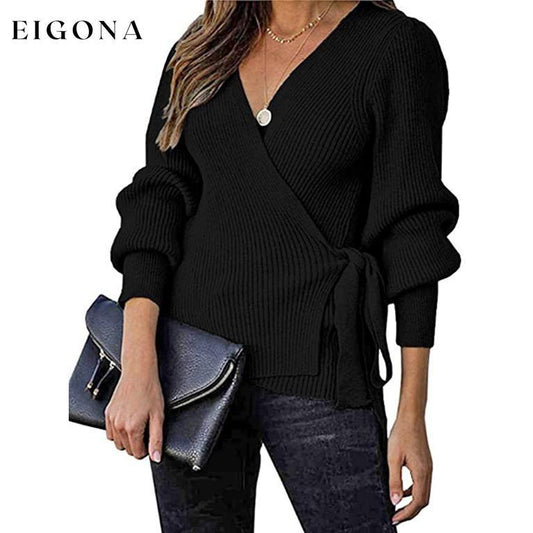 Women’s V Neck Balloon Sleeve Ribbed Wrap Chunky Knit Tunic Top Black __stock:50 clothes refund_fee:1200 tops