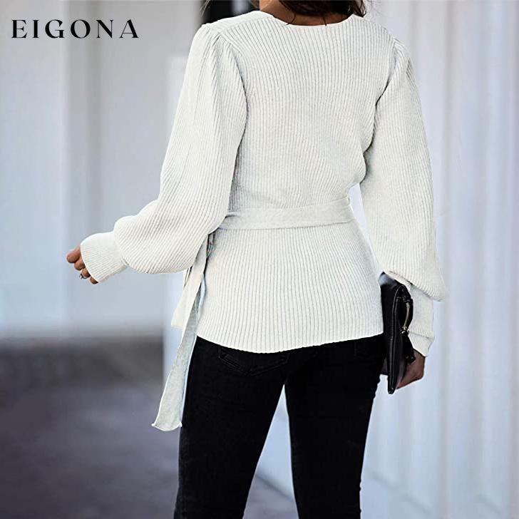 Women’s V Neck Balloon Sleeve Ribbed Wrap Chunky Knit Tunic Top __stock:50 clothes refund_fee:1200 tops
