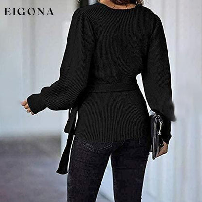 Women’s V Neck Balloon Sleeve Ribbed Wrap Chunky Knit Tunic Top __stock:50 clothes refund_fee:1200 tops