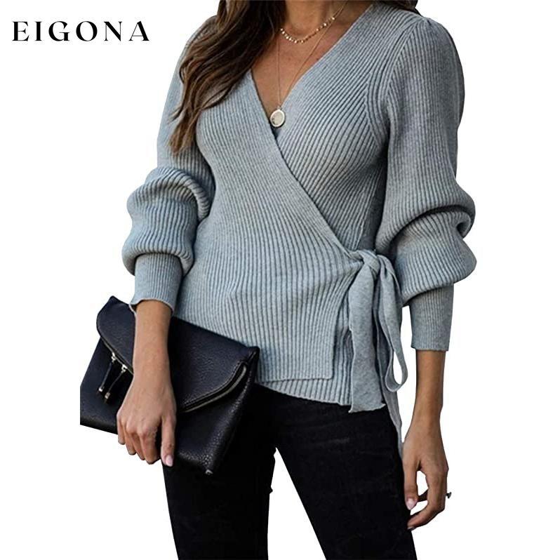 Women’s V Neck Balloon Sleeve Ribbed Wrap Chunky Knit Tunic Top Gray __stock:50 clothes refund_fee:1200 tops