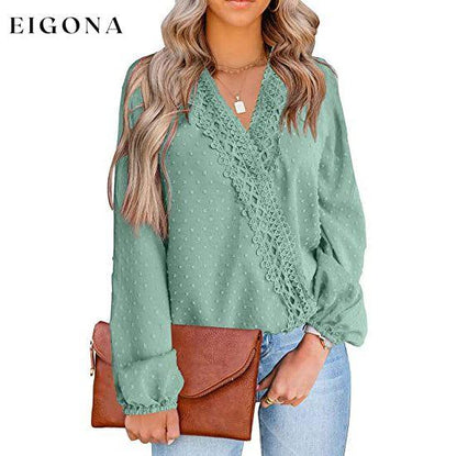 Women's V Neck Chiffon Lace Pom Pom Long Sleeve Top Aqua __stock:200 clothes refund_fee:1200 tops