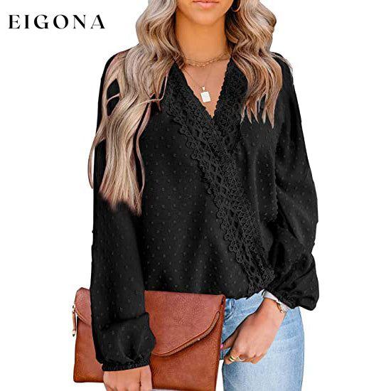 Women's V Neck Chiffon Lace Pom Pom Long Sleeve Top Black __stock:200 clothes refund_fee:1200 tops