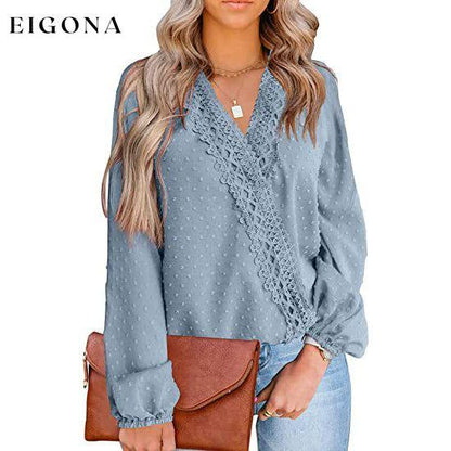 Women's V Neck Chiffon Lace Pom Pom Long Sleeve Top Light Blue __stock:200 clothes refund_fee:1200 tops