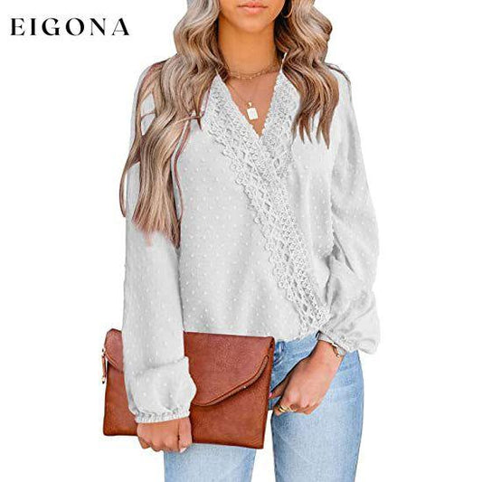 Women's V Neck Chiffon Lace Pom Pom Long Sleeve Top White __stock:200 clothes refund_fee:1200 tops