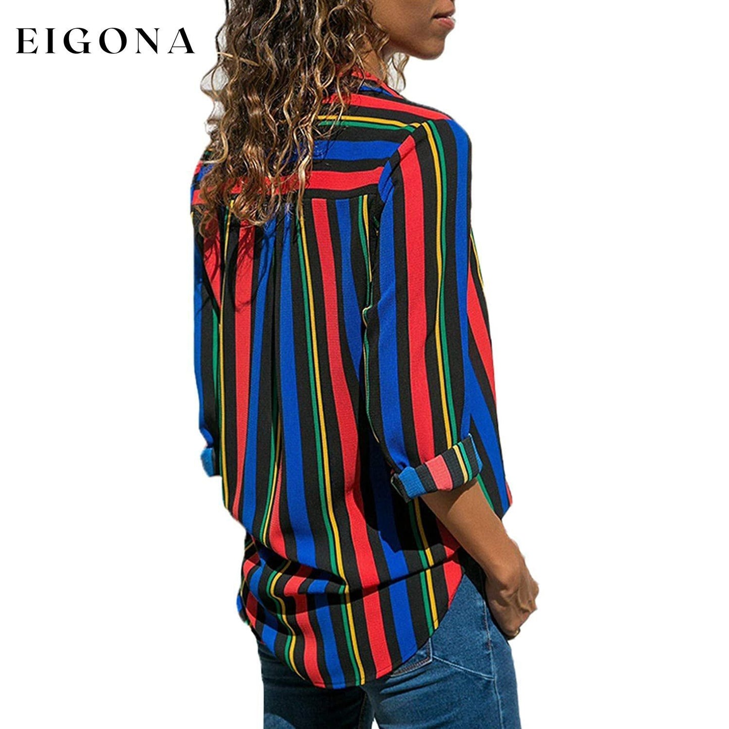 Womens V Neck Striped Roll up Sleeve Button Down Blouses Top __stock:200 clothes refund_fee:1200 tops