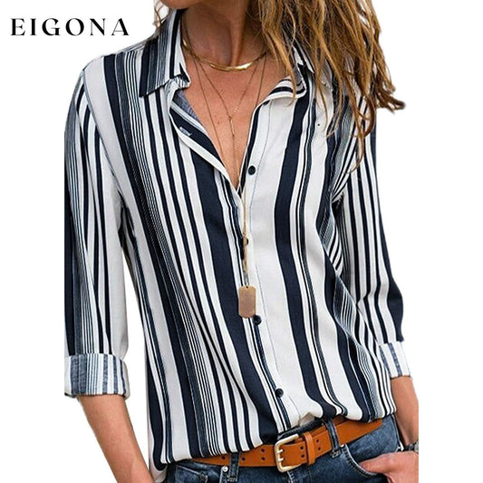Womens V Neck Striped Roll up Sleeve Button Down Blouses Top