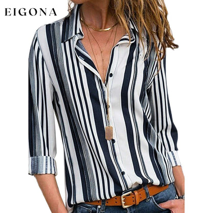 Womens V Neck Striped Roll up Sleeve Button Down Blouses Top Navy __stock:200 clothes refund_fee:1200 tops