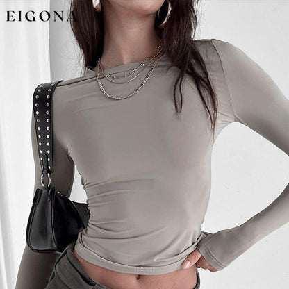 Women's Top, round neck slim long sleeve solid color long sleeve t-shirt Misty grey clothes long sleeve top shirt shirts top tops