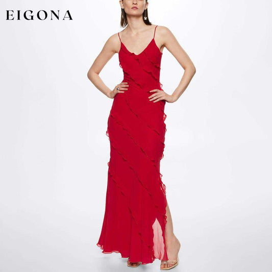 Red Stephanie Dress, Long Maxi Slit Ruffle Elegant Dinner Night Dress Red Clothes dresses long dress long dresses maxi dress