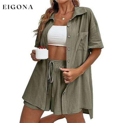 2-Piece Set: Tracksuit Outfit Sets Cotton Linen Shirt and High Waisted Mini Shorts Set Army Green __stock:250 clothes refund_fee:1200 tops