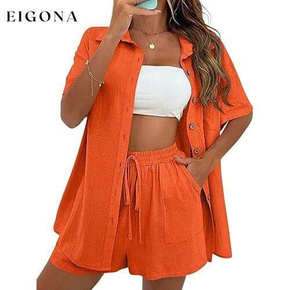 2-Piece Set: Tracksuit Outfit Sets Cotton Linen Shirt and High Waisted Mini Shorts Set Orange __stock:250 clothes refund_fee:1200 tops
