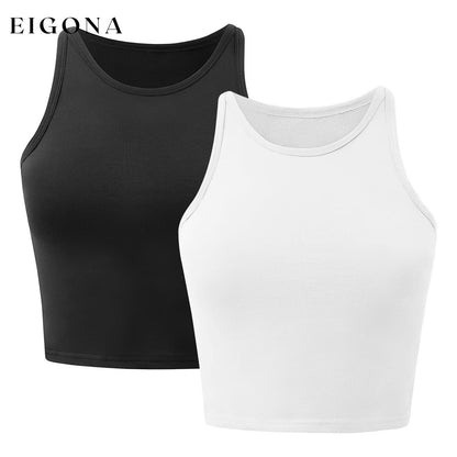 2-Piece: Women Sleeveless Cropped Tank top High Neck Black White __stock:50 clothes refund_fee:1200 tops