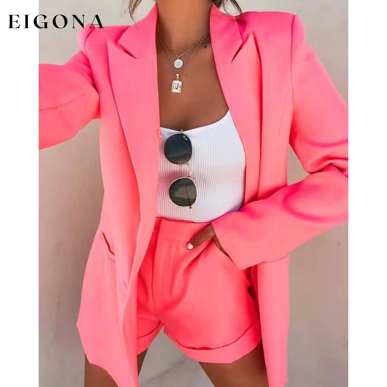 2-Piece: Women's Basic Shirt Collar Blazer Pink __stock:200 Jackets & Coats refund_fee:1200