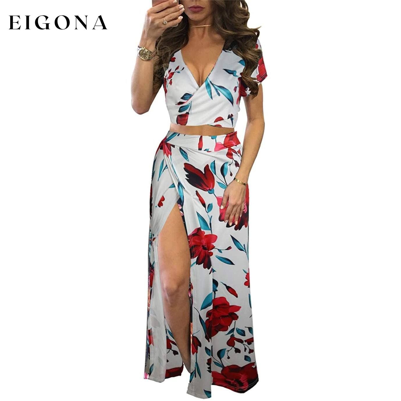 Women's Sexy V Neck Floral Printed Side Slit Two-Piece Maxi Dress White __stock:500 casual dresses clothes dresses Low stock refund_fee:1200