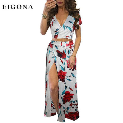 Women's Sexy V Neck Floral Printed Side Slit Two-Piece Maxi Dress White __stock:500 casual dresses clothes dresses Low stock refund_fee:1200